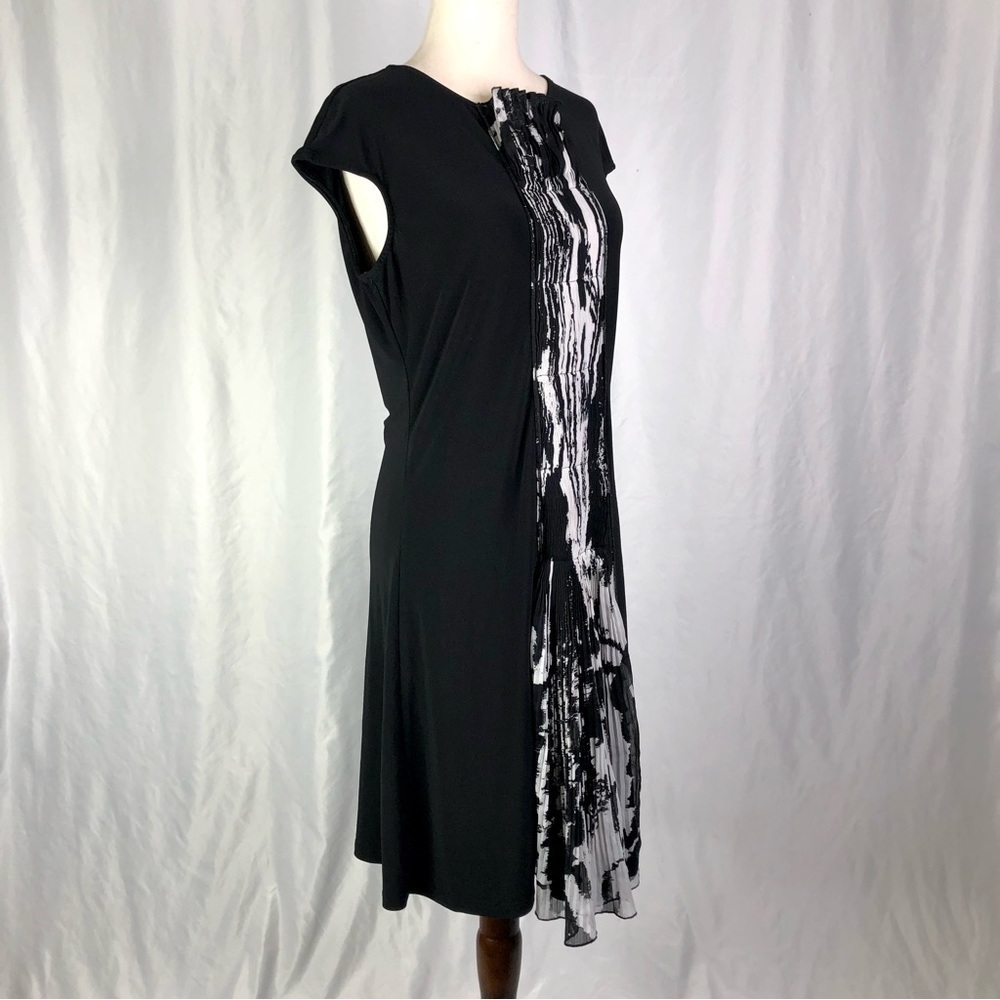 Samuel Dong pleated chiffon front dress stretch jersey cap sleeve black white M - Picture 10 of 10